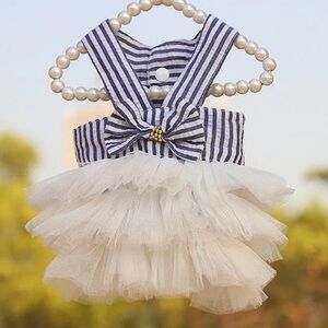 Strible Dress for Puppy/Dog Blue and White Striped Bow and Tulle Size Small